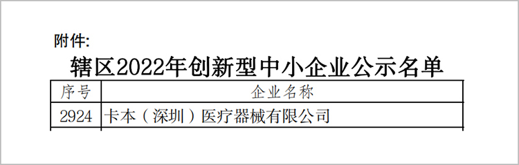 卡本医疗获评深圳市2022年创新型中小企业，在向专精特新中小企业与专精特新&ldquo;小巨人&rdquo;企业发展的道路上迈出了更坚实的一步！
